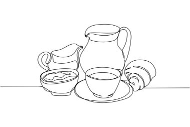 Beyaz arka planda siluet halinde bir satır kahvaltı. Doğrusal biçimlendirilmiş. Minimalist.