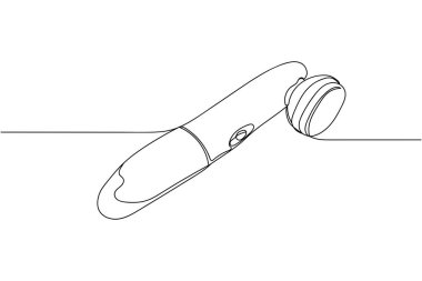 Beyaz bir arka planda sürekli bir çizgi elektrikli yüz masajcısı silüeti. Doğrusal biçimlendirilmiş. Minimalist.