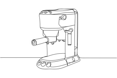 Beyaz arka planda sürekli bir espresso kahve makinesi çizgisi silueti. Doğrusal biçimlendirilmiş. Minimalist.