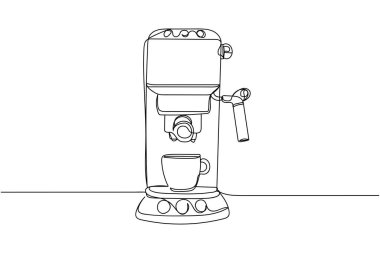 Beyaz arka planda sürekli bir espresso kahve makinesi çizgisi silueti. Doğrusal biçimlendirilmiş. Minimalist.
