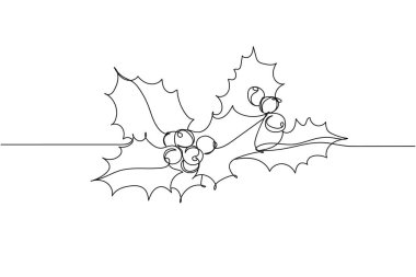 Beyaz arka planda sürekli olarak Avrupa yapımı kutsal ilex aquifolium yaprakları ve meyveli noel tarzı silüet. Doğrusal biçimlendirilmiş. Minimalist.