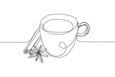 Beyaz arka planda sürekli sıcak çikolata içeceği ve silüeti. Doğrusal biçimlendirilmiş. Minimalist.