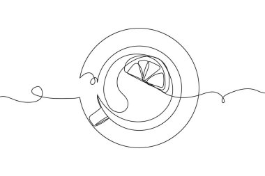 Beyaz arka planda çay fincanı ile aralıksız bir dilim limon merhemi çayı. Doğrusal biçimlendirilmiş. Minimalist.