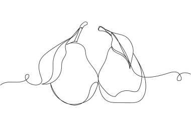 Beyaz arka planda yaprakları siluet olan bir sıra olgun armut. Doğrusal biçimlendirilmiş. Minimalist.