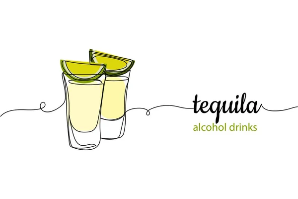 Una Linea Continua Shot Tequila Con Fetta Lime Fila Sfondo — Vettoriale Stock