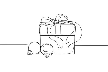 Sürekli bir sıra noel balosu ve beyaz bir arka planda siluet içinde noel hediyesi kutusu. Doğrusal biçimlendirilmiş. Minimalist.