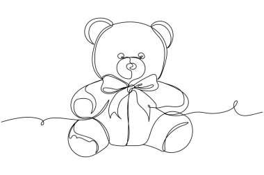 Beyaz arka planda siluet içinde bir sıra oyuncak ayı. Doğrusal biçimlendirilmiş. Minimalist.