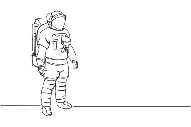 Beyaz arka planda siluet içinde sürekli bir astronot çizgisi. Doğrusal biçimlendirilmiş. Minimalist.