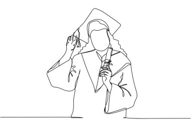 Beyaz arka planda diploması siluet olan sürekli bir mezun öğrenci çizgisi. Doğrusal biçimlendirilmiş. Minimalist.