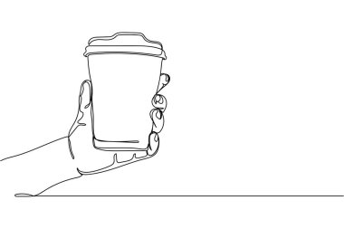 Beyaz arka planda, tek kullanımlık kahve fincanının siluetinde durmaksızın bir satır halinde durması. Doğrusal biçimlendirilmiş. Minimalist.