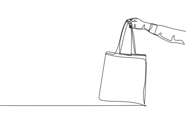 Continuo Una Linea Mano Tenuta Eco Bag Silhouette Sfondo Bianco — Vettoriale Stock