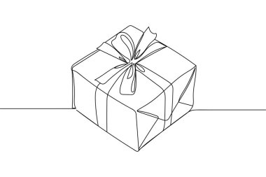 Beyaz bir arka planda aralıksız bir noel ya da doğum günü hediyesi kutusu silueti. Doğrusal biçimlendirilmiş. Minimalist.