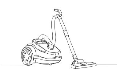 Beyaz bir arka planda sürekli bir sıra elektrik süpürgesi silueti. Doğrusal biçimlendirilmiş. Minimalist.
