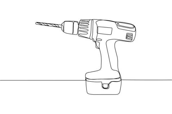 Una Línea Continua Destornillador Inalámbrico Con Taladro Silueta Sobre Fondo — Vector de stock