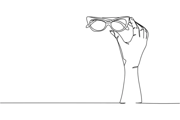 Kontinuerlig Linje Glasögon Kvinnlig Hand Siluett Vit Bakgrund Linjär Stilisering — Stock vektor