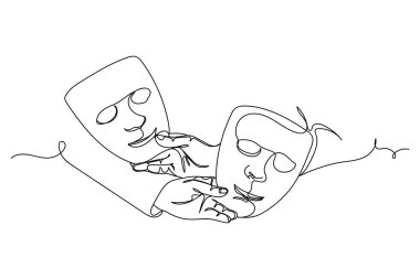 Beyaz bir arka planda, kimliği belirsiz, gizemli maskeli bir satır halinde. Doğrusal biçimlendirilmiş. Minimalist.