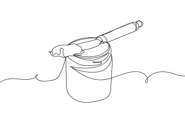 Beyaz arka planda sürekli bir kavanoz fıstık ya da siluet şeklinde reçel. Doğrusal biçimlendirilmiş. Minimalist.