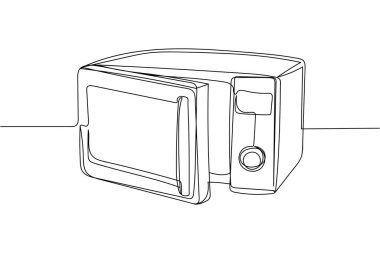 Beyaz bir arka planda sürekli bir sıra mikrodalga fırın silueti. Doğrusal biçimlendirilmiş. Minimalist.