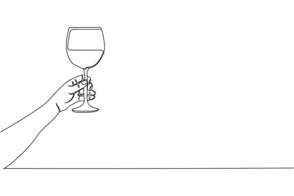 Continuous One Line Hand Holding Glass Wine Happy New Year — Stockvector