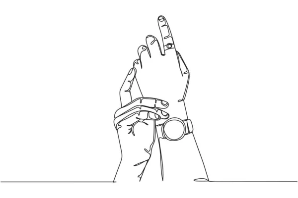 连续的一只手与时尚的腕表和戒指在白色背景的轮廓 线性风格 极简主义 — 图库矢量图片