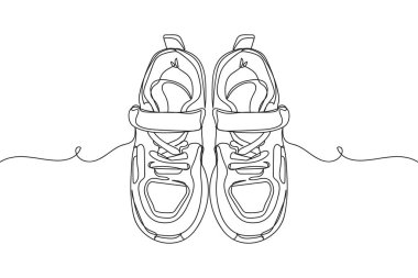 Beyaz bir arka planda siluet içinde bir sıra güzel spor ayakkabısı. Doğrusal biçimlendirilmiş. Minimalist.