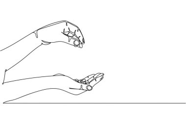 Sürekli bir el çizgisi beyaz arka planda bir sürü hapın siluetini tutuyor. Doğrusal biçimlendirilmiş. Minimalist.