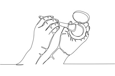 Beyaz bir arka planda, yanak kozmetik ürünleriyle sürekli el ele tutuşmalar. Doğrusal biçimlendirilmiş. Minimalist.