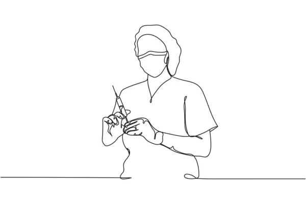 Безперервна Одна Лінія Медсестри Масці Тримає Шприц Єкційної Вакцини Силуеті — стоковий вектор