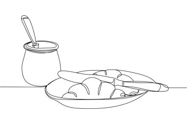 Beyaz arka planda siluet halinde bir satır kahvaltı. Doğrusal biçimlendirilmiş. Minimalist.