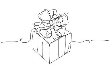 Beyaz arka planda yay ve noel çilekleri olan bir kutu dolusu siluet. Doğrusal biçimlendirilmiş. Minimalist.