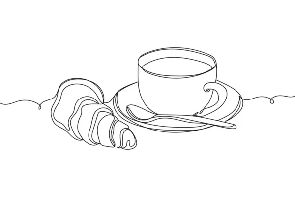 Continu Une Ligne Café Matin Tasse Croissant Silhouette Sur Fond — Image vectorielle