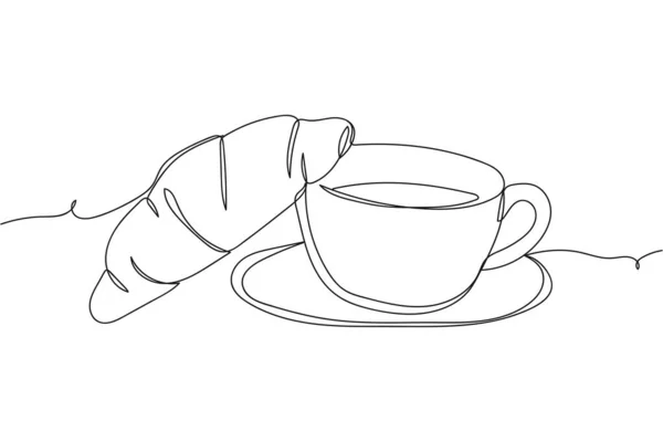 Continu Une Ligne Croissant Café Thé Tasse Petit Déjeuner Silhouette — Image vectorielle