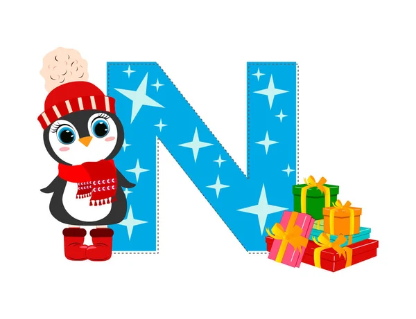 Lindo Pingüino Navidad Dibujos Animados Con Letra Perfecto Para Tarjetas — Vector de stock