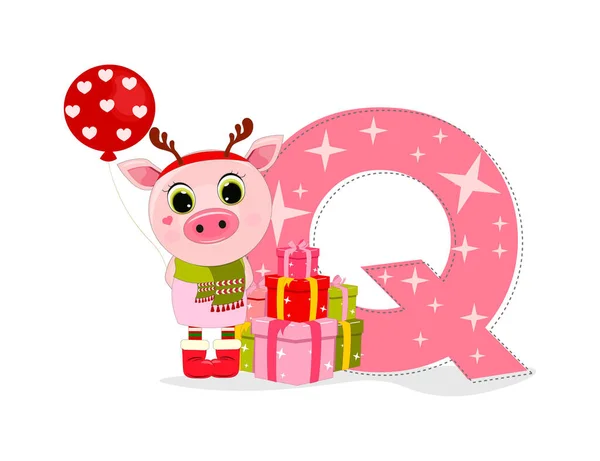 Niedliches Cartoon Weihnachtsschwein Mit Buchstabe Geschenkboxen Perfekt Für Grußkarten Partyeinladungen — Stockvektor