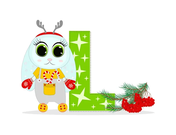 Niedlicher Cartoon Weihnachtshase Mit Buchstabe Mit Tannenzweigen Perfekt Für Grußkarten — Stockvektor