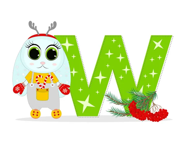 Lindo Conejo Navidad Dibujos Animados Con Letra Con Ramitas Pino — Vector de stock