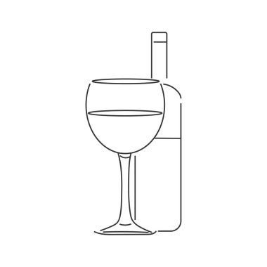 Asgari düzeyde. Beyaz arka planda doğrusal şarap kadehiyle stilize edilmiş şarap şişesi. Poşetlerdeki, posterlerdeki, kartlardaki parmak izleri için vektör illüstrasyonu.