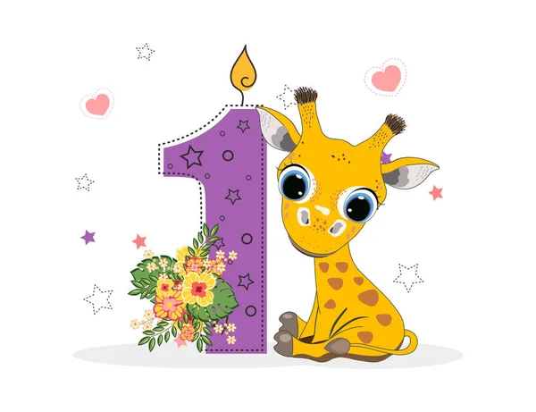Niedliche Kleine Giraffe Cartoon Mit Nummer Eins Perfekt Für Grußkarten — Stockvektor