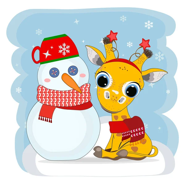 Linda Jirafa Navidad Dibujos Animados Bebé Con Muñeco Nieve Perfecto — Vector de stock