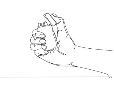 Continuous one line of hand holding plasma lighter in silhouette on a white background. Linear stylized.Minimalist.