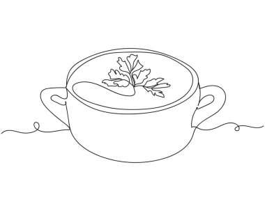 Continuous one line of soup in silhouette on a white background. Linear stylized.Minimalist.