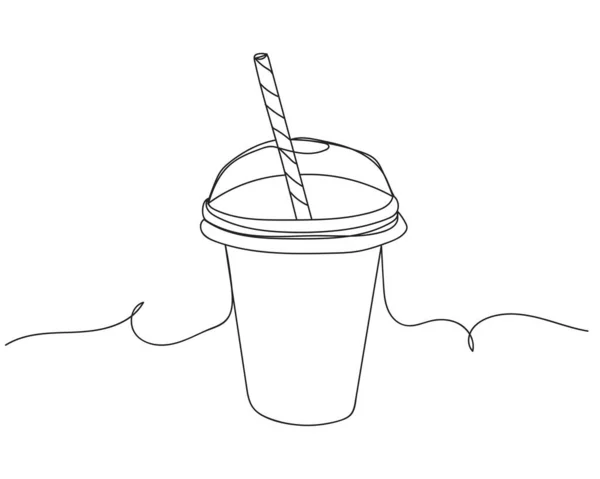 Continuous One Line Drawing Milkshake Takeaway Cup Silhouette White Background — Stok Vektör