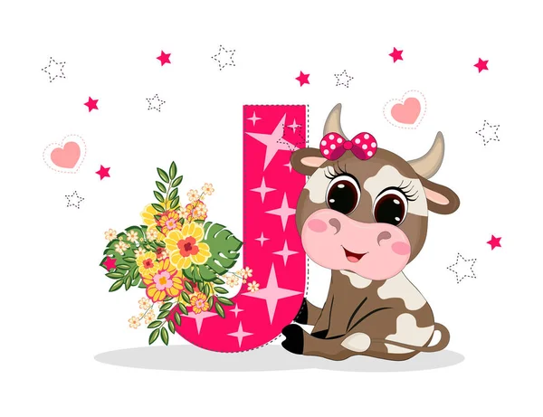 Cute Cartoon Little Baby Beautiful Cow Girl Letter Perfect Greeting — Stock Vector