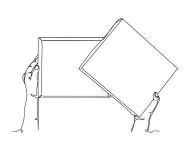 Kadın ellerinin durmaksızın çizdiği bir çizgi beyaz arka planda siluette boş bir kutu tutuyor. Doğrusal biçimlendirilmiş. Minimalist.