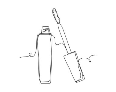 Maskara kozmetiğinin beyaz bir arka planda silüet halinde sürekli bir çizimi. Doğrusal biçimlendirilmiş. Minimalist.