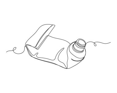 Kullanılmış boş bir diş macunu tüpünü beyaz bir arkaplanda silüet halinde sürekli bir şekilde çizerek. Doğrusal biçimlendirilmiş. Minimalist.