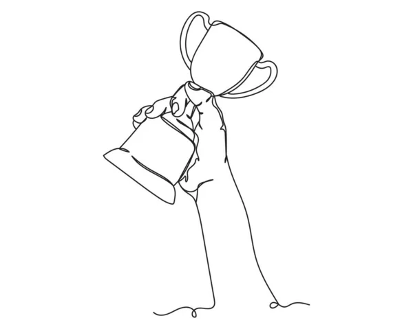 Безперервний Креслення Однієї Лінії Руки Тримає Трофейну Чашку Силуеті Білому — стоковий вектор