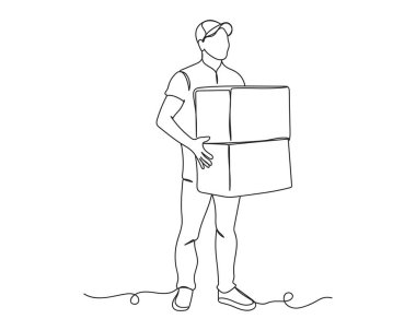 Sürekli olarak beyaz arka planda kutuları olan teslimatçı adam çizimi. Doğrusal biçimlendirilmiş. Minimalist.