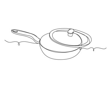 Beyaz arka planda siluet kapaklı tava çizimleri devam ediyor. Doğrusal biçimlendirilmiş. Minimalist.