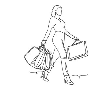 Beyaz arka planda, siluet içinde alışveriş yapan, tam boy, çarpıcı güzel bir kadın çizimi. Doğrusal biçimlendirilmiş. Minimalist.